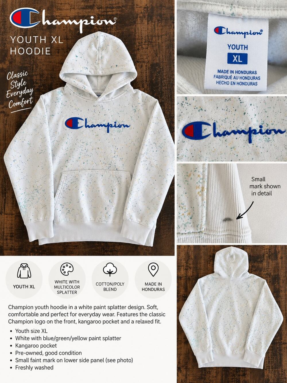 Champion Youth XL White Paint Splatter Logo Hoodie Boys Girls XL